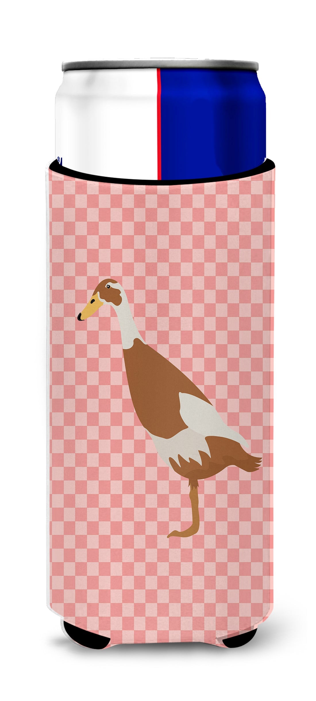 Indian Runner Duck Pink Check Slim Can Hugger , Insulated Foam Hugger for 12 oz Slim Cans, Beer Bottles & Water Bottles, Printed in USA