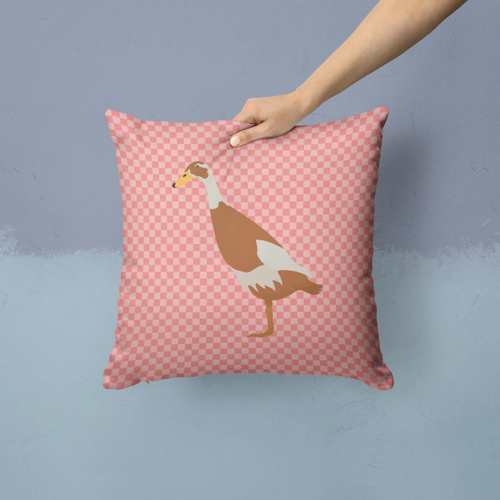 Indian Runner Duck Pink Check Decorative Throw Pillow 14x14 Indoor Outdoor Accent Cushion, Fabric Cover with Insert for Sofa, Bed, Porch & Living Room