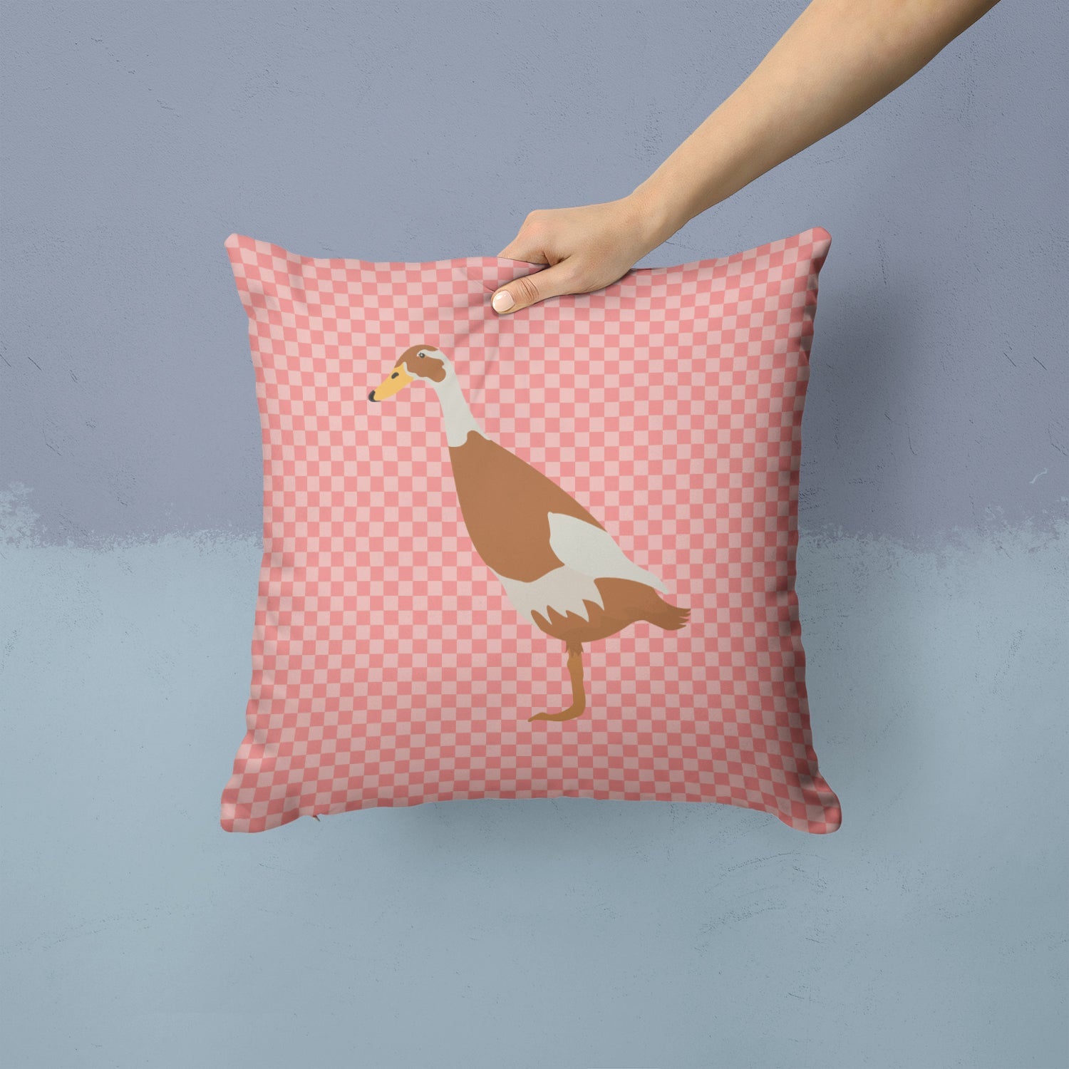 Indian Runner Duck Pink Check Decorative Throw Pillow 14x14 Indoor Outdoor Accent Cushion, Fabric Cover with Insert for Sofa, Bed, Porch & Living Room