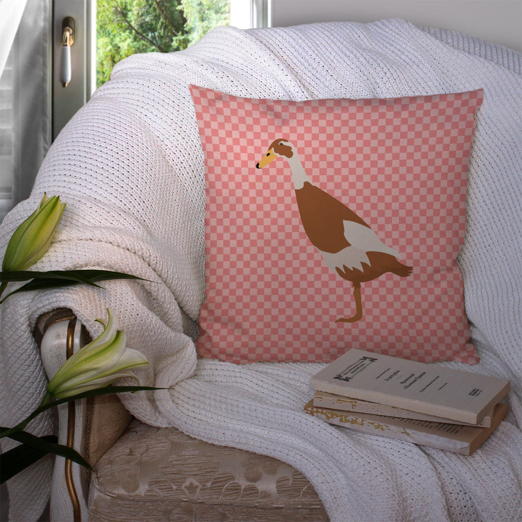 Indian Runner Duck Pink Check Decorative Throw Pillow 14x14 Indoor Outdoor Accent Cushion, Fabric Cover with Insert for Sofa, Bed, Porch & Living Room