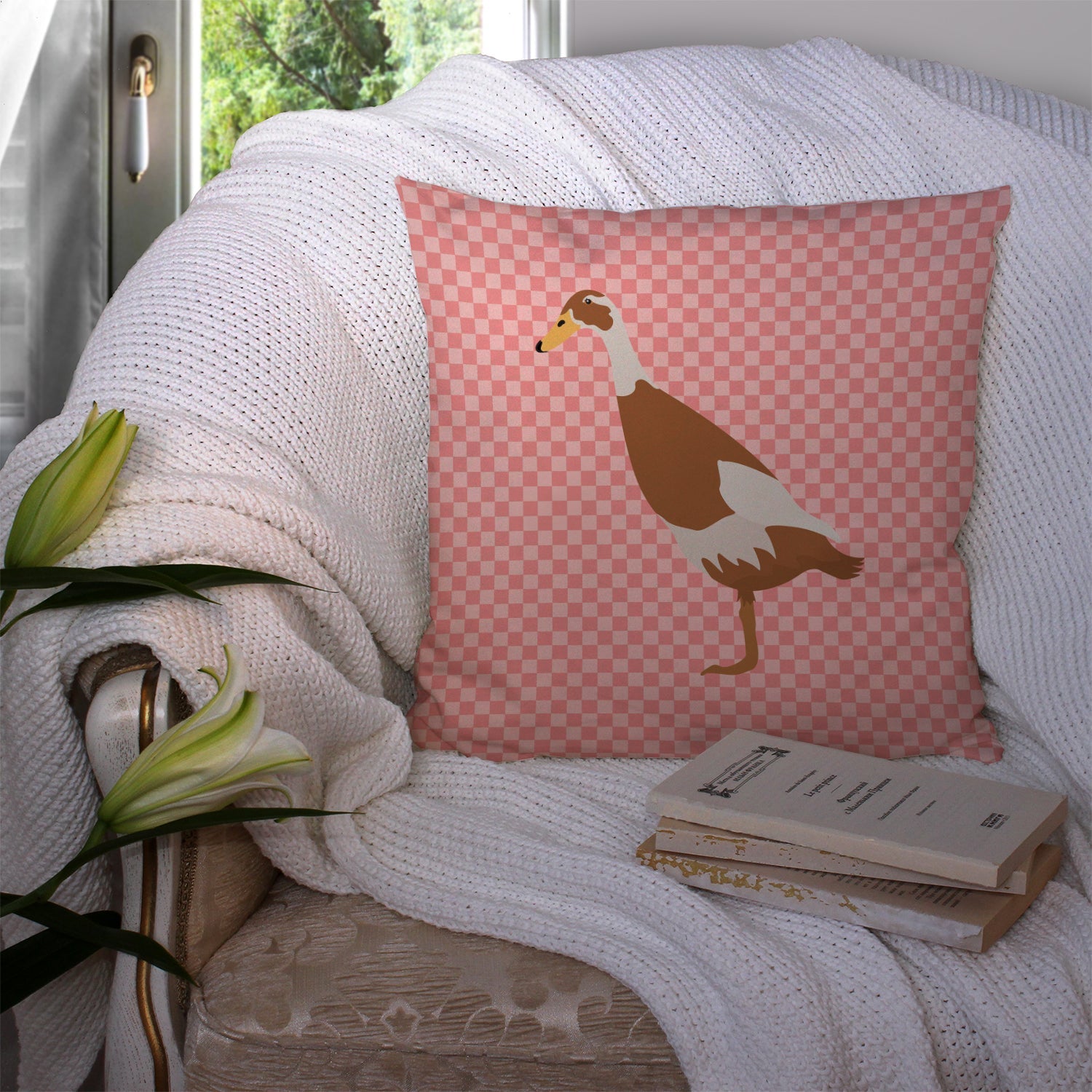 Indian Runner Duck Pink Check Decorative Throw Pillow 14x14 Indoor Outdoor Accent Cushion, Fabric Cover with Insert for Sofa, Bed, Porch & Living Room