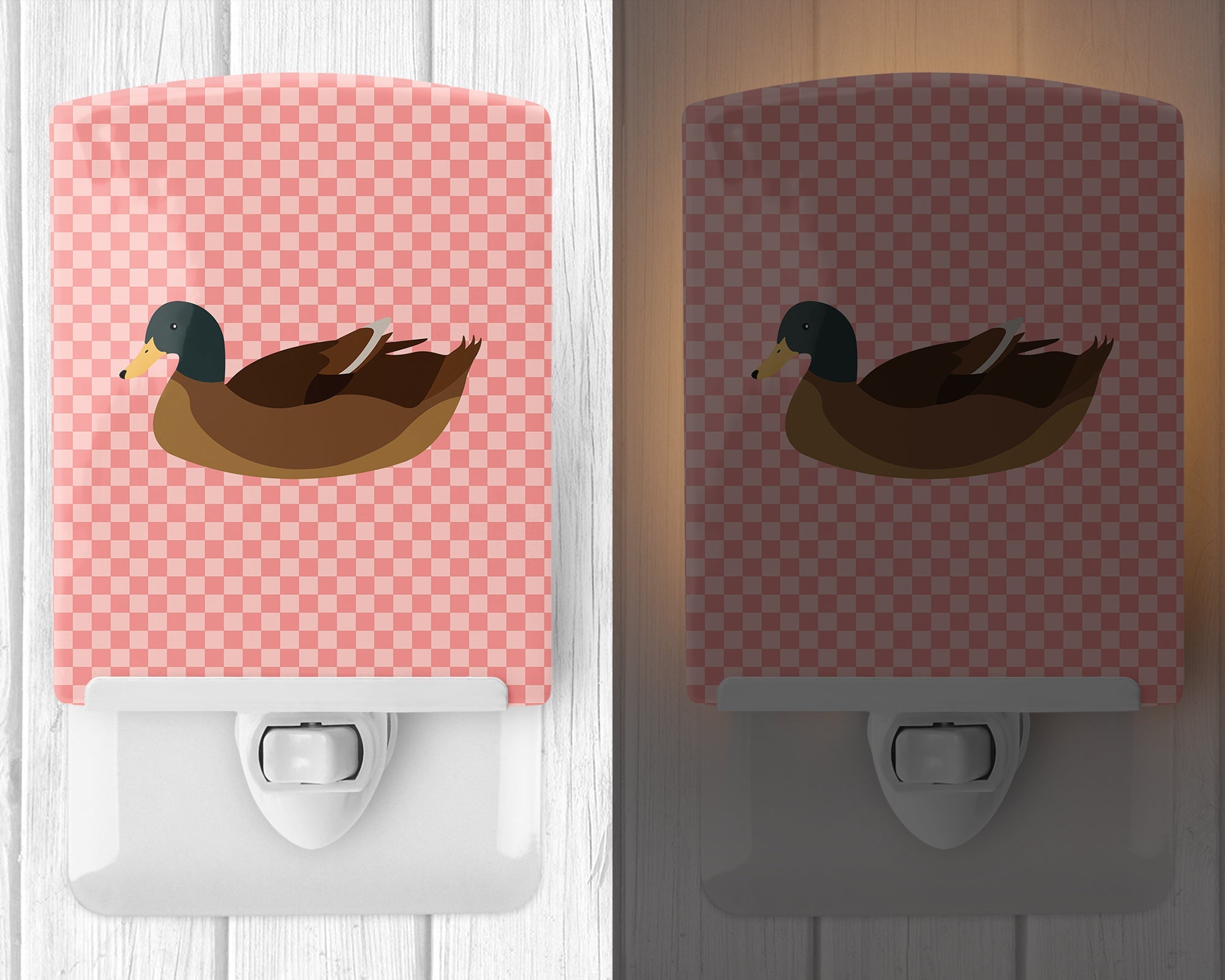 Khaki Campbell Duck Pink Check Ceramic Night Light Compact, UL-Certified, Ideal for Bedroom, Bathroom, Nursery, Hallway, Kitchen, 6x4x3, Multicolor