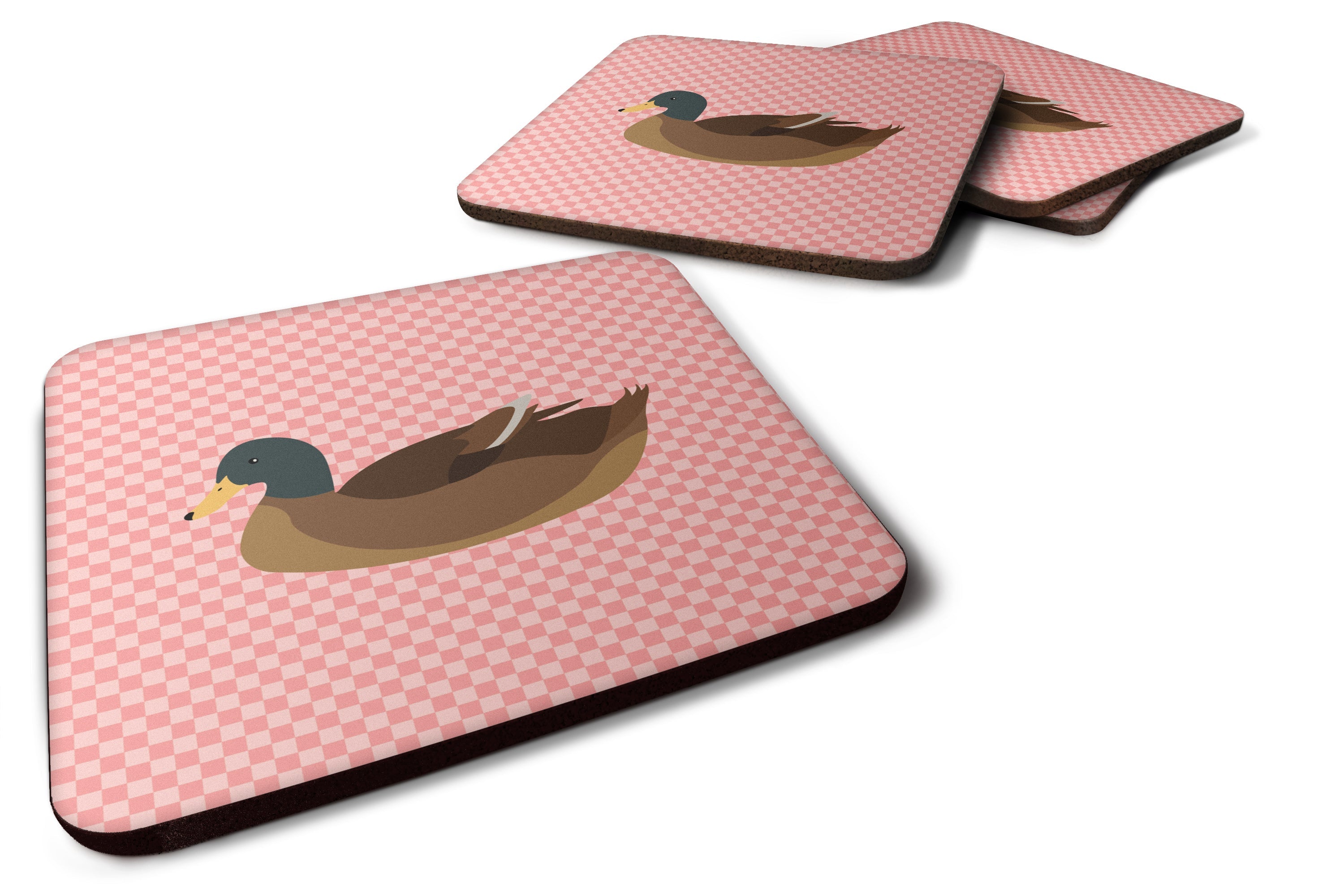 Khaki Campbell Duck Pink Check Foam Coasters Set of 4 Cup Coasters for Indoor Outdoor, Tabletop Protection, Anti Slip, Mouse pad Material