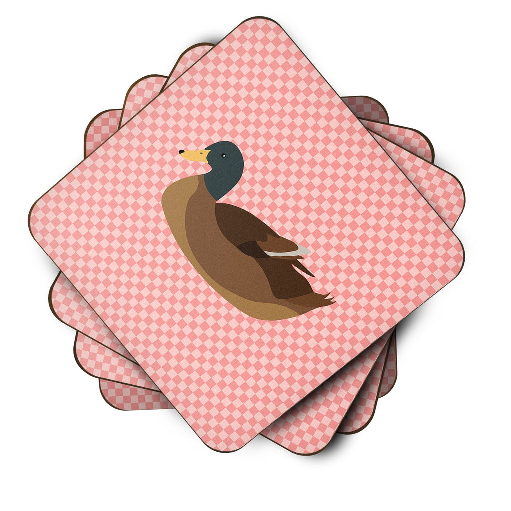 Khaki Campbell Duck Pink Check Foam Coasters Set of 4 Cup Coasters for Indoor Outdoor, Tabletop Protection, Anti Slip, Mouse pad Material