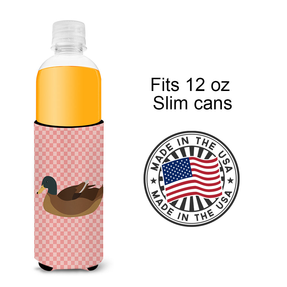 Khaki Campbell Duck Pink Check Slim Can Hugger , Insulated Foam Hugger for 12 oz Slim Cans, Beer Bottles & Water Bottles, Printed in USA