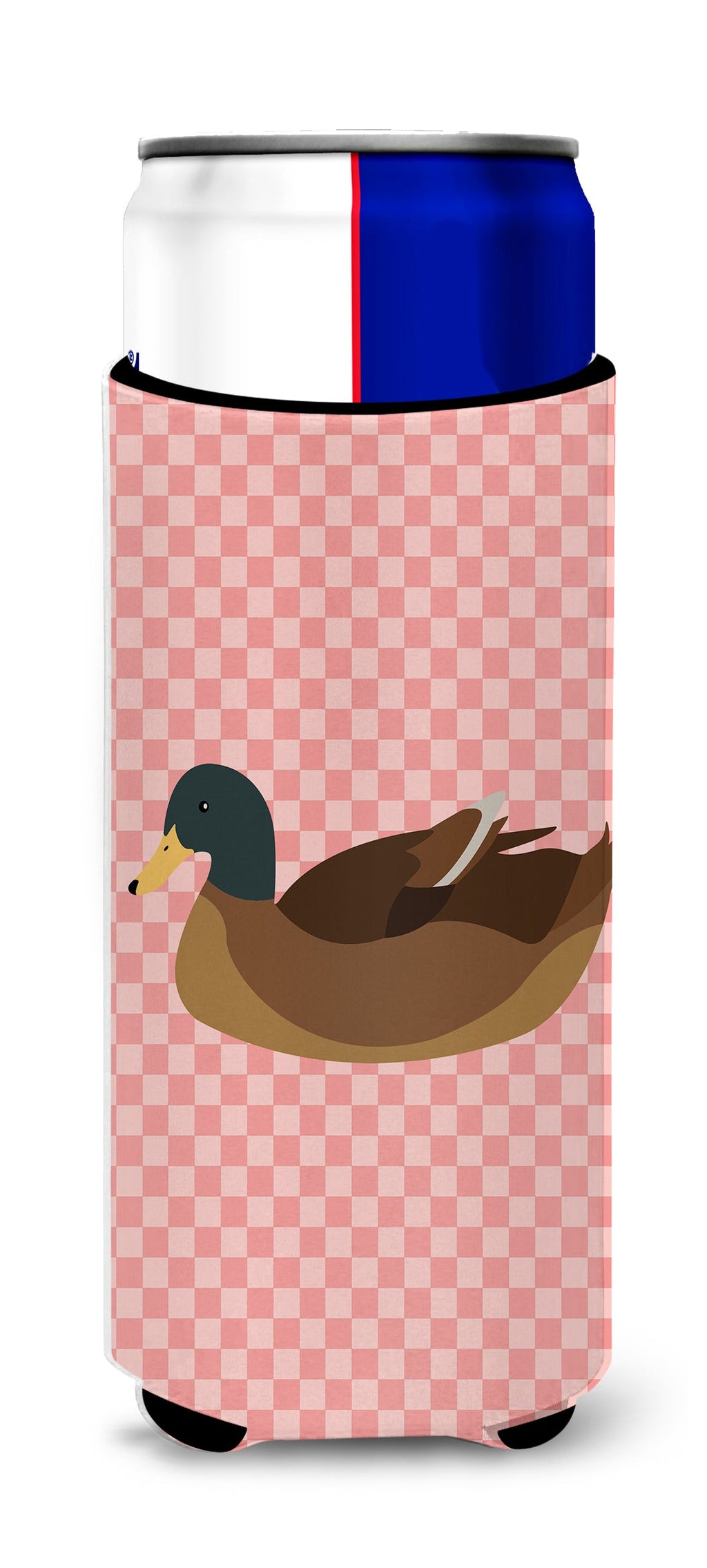Khaki Campbell Duck Pink Check Slim Can Hugger , Insulated Foam Hugger for 12 oz Slim Cans, Beer Bottles & Water Bottles, Printed in USA
