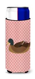 Khaki Campbell Duck Pink Check Slim Can Hugger , Insulated Foam Hugger for 12 oz Slim Cans, Beer Bottles & Water Bottles, Printed in USA