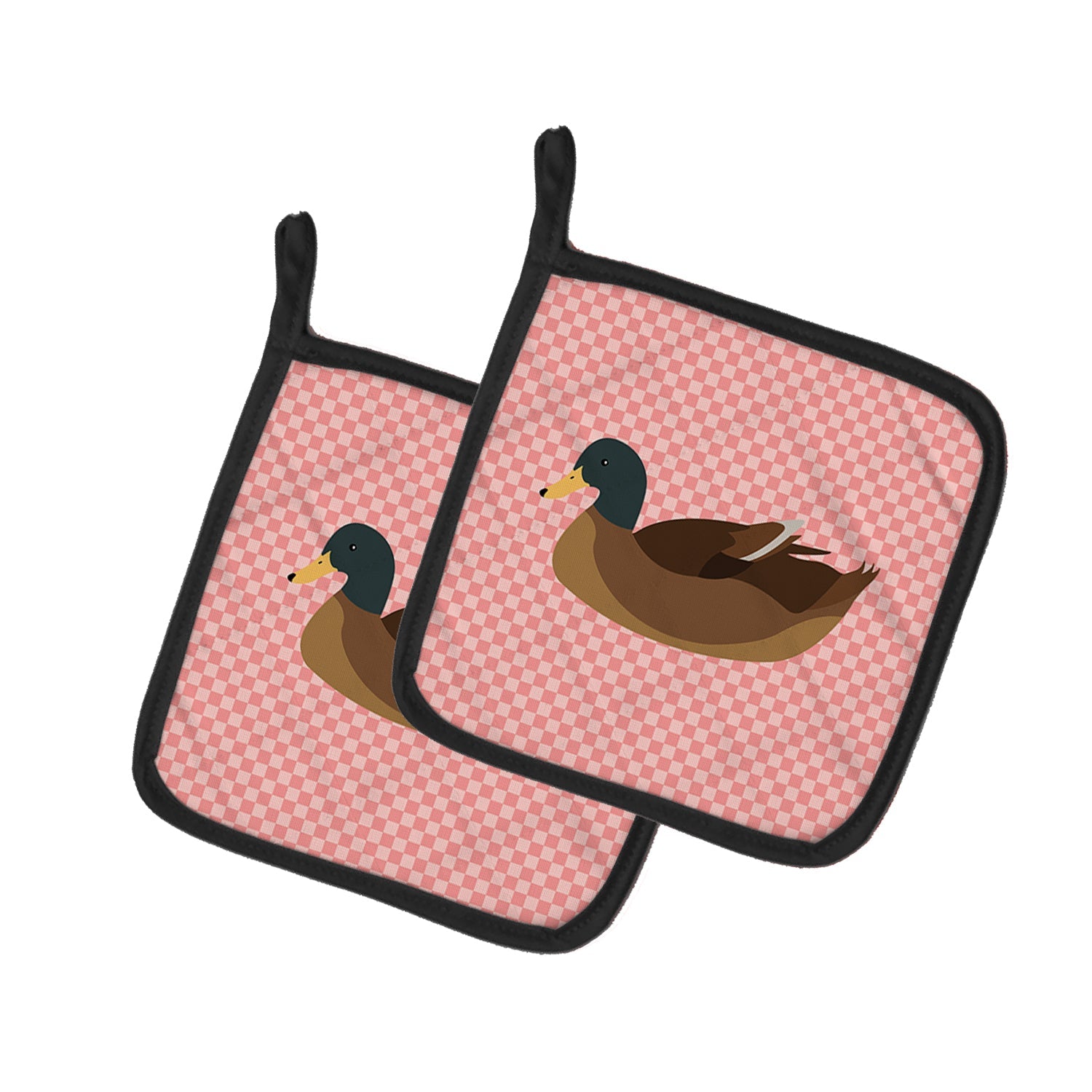 Khaki Campbell Duck Pink Check Pot Holder Set of 2 Heat Resistant Quilted Hot Pads 7.5 x 7.5 Inch, Insulated Kitchen Trivets for Cooking & Baking