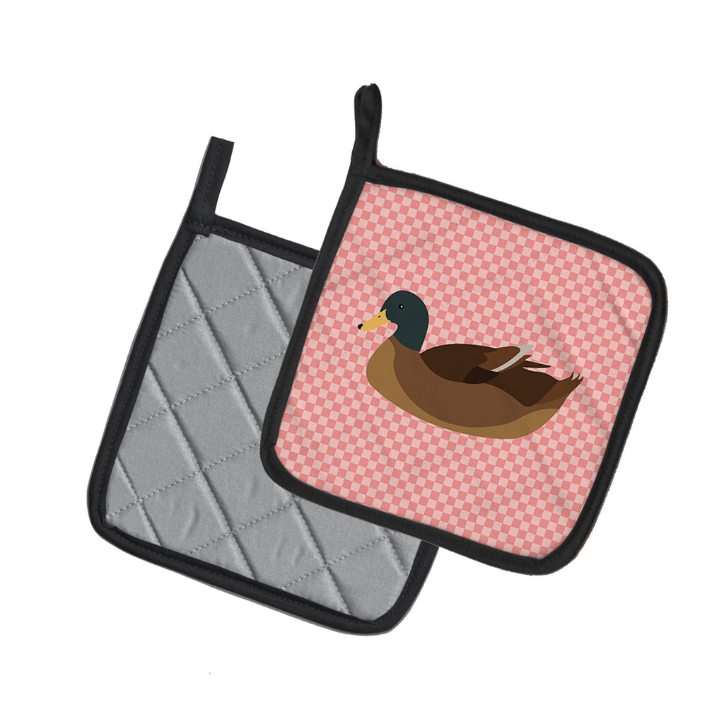 Khaki Campbell Duck Pink Check Pot Holder Set of 2 Heat Resistant Quilted Hot Pads 7.5 x 7.5 Inch, Insulated Kitchen Trivets for Cooking & Baking