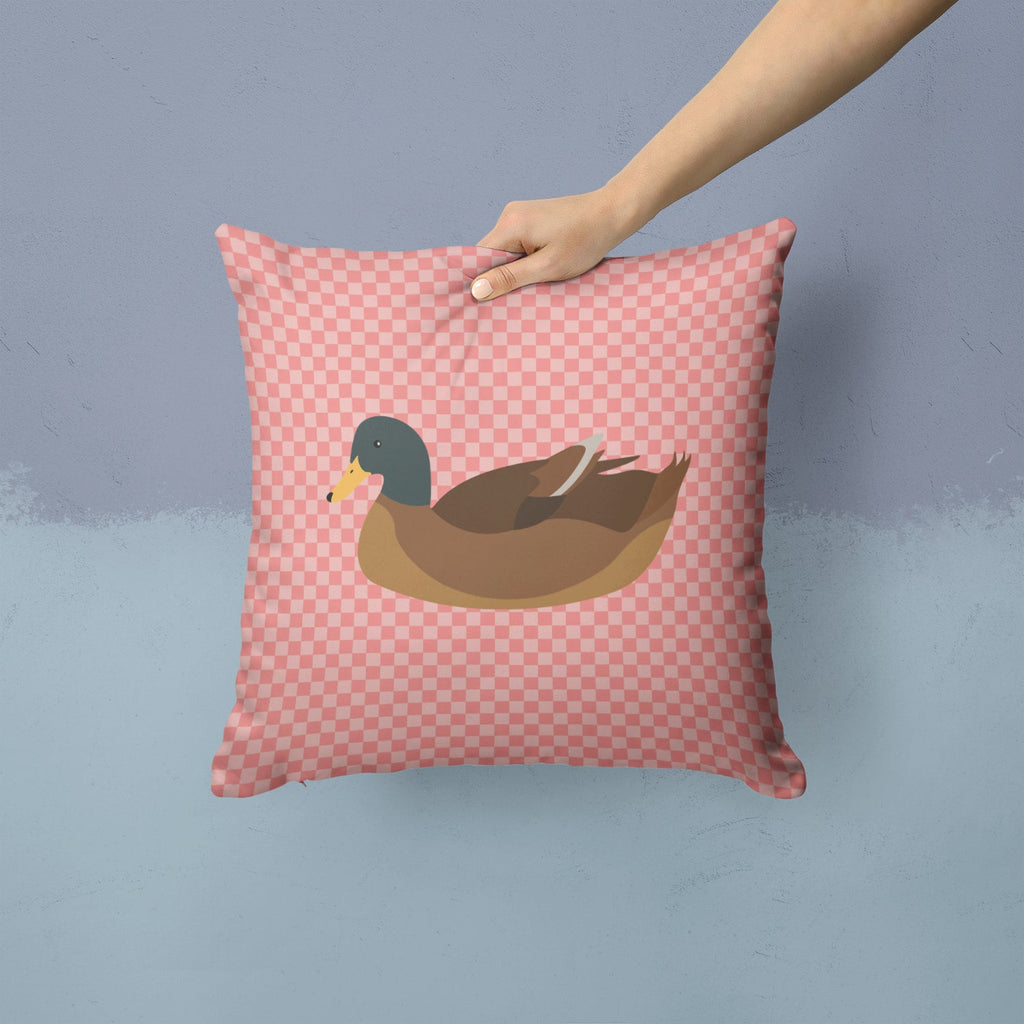 Khaki Campbell Duck Pink Check Decorative Throw Pillow 14x14 Indoor Outdoor Accent Cushion, Fabric Cover with Insert for Sofa, Bed, Porch & Living Room