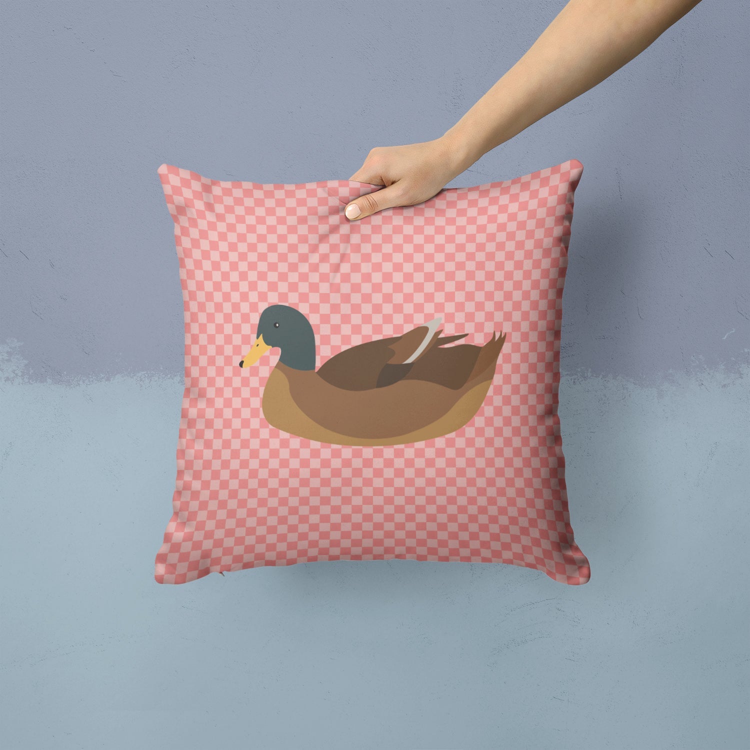 Khaki Campbell Duck Pink Check Decorative Throw Pillow 14x14 Indoor Outdoor Accent Cushion, Fabric Cover with Insert for Sofa, Bed, Porch & Living Room