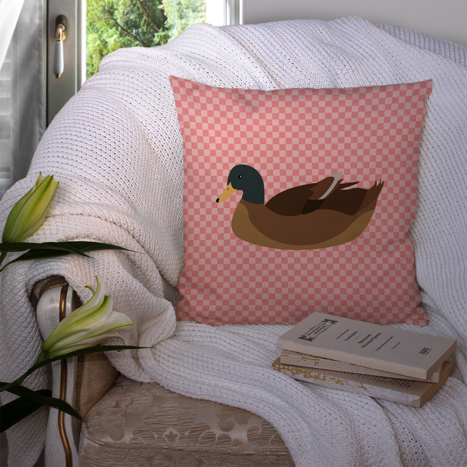 Khaki Campbell Duck Pink Check Decorative Throw Pillow 14x14 Indoor Outdoor Accent Cushion, Fabric Cover with Insert for Sofa, Bed, Porch & Living Room
