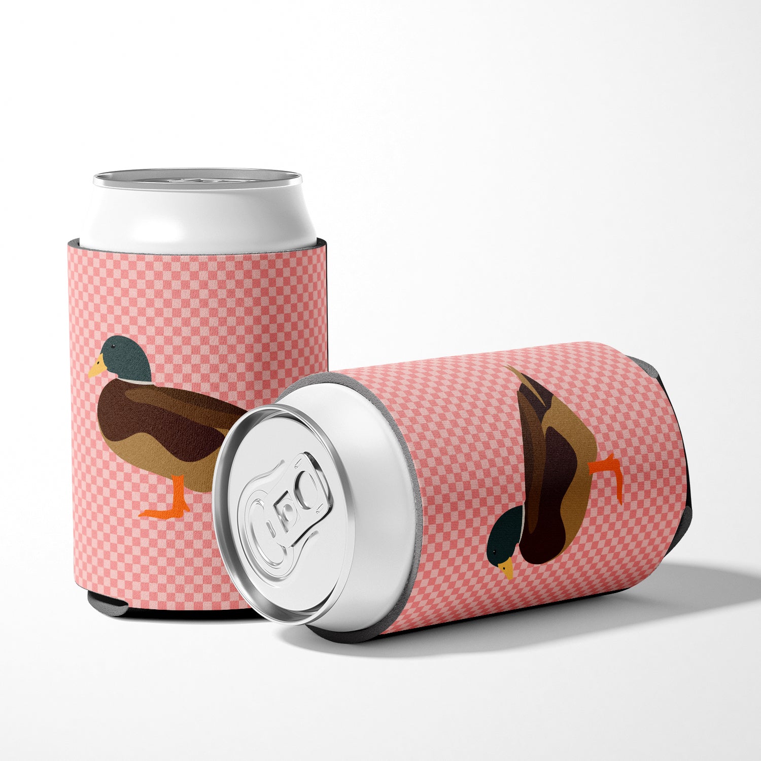 Silver Bantam Duck Pink Check Can or Bottle Hugger Cooler Sleeve for Standard 12 oz Cans, Insulated Foam Beer & Soda Can Hugger Reusable