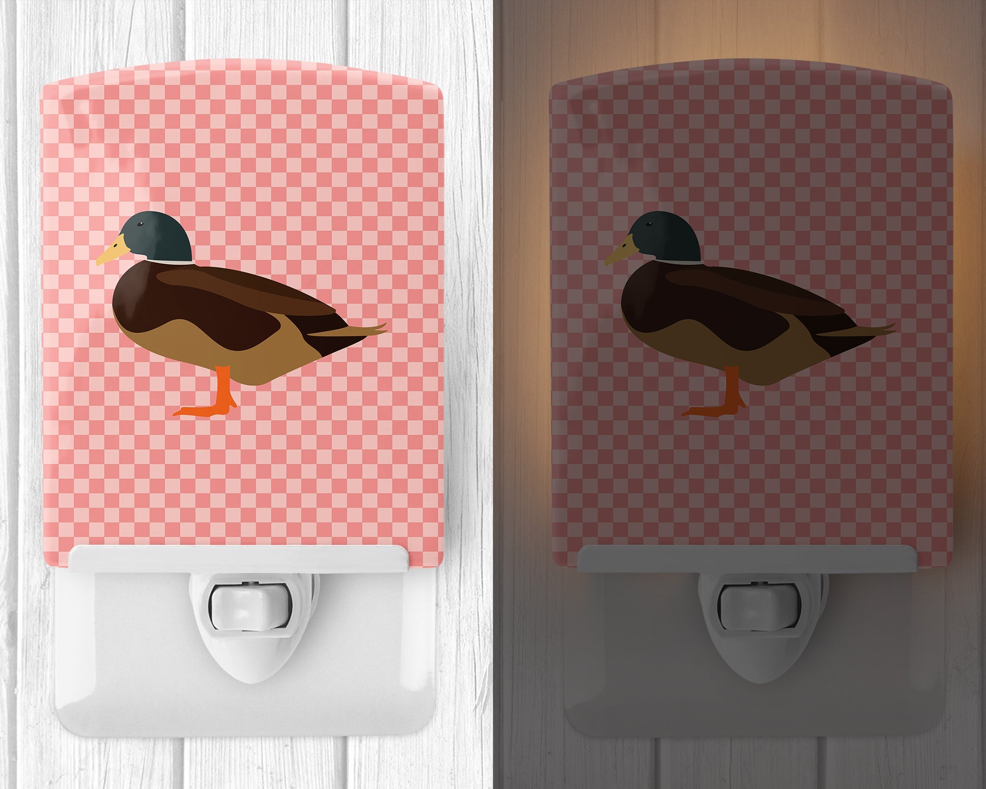 Silver Bantam Duck Pink Check Ceramic Night Light Compact, UL-Certified, Ideal for Bedroom, Bathroom, Nursery, Hallway, Kitchen, 6x4x3, Multicolor