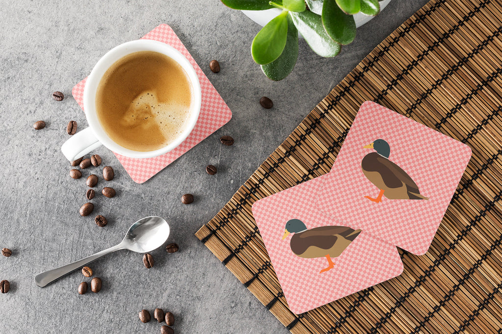 Silver Bantam Duck Pink Check Foam Coasters Set of 4 Cup Coasters for Indoor Outdoor, Tabletop Protection, Anti Slip, Mouse pad Material