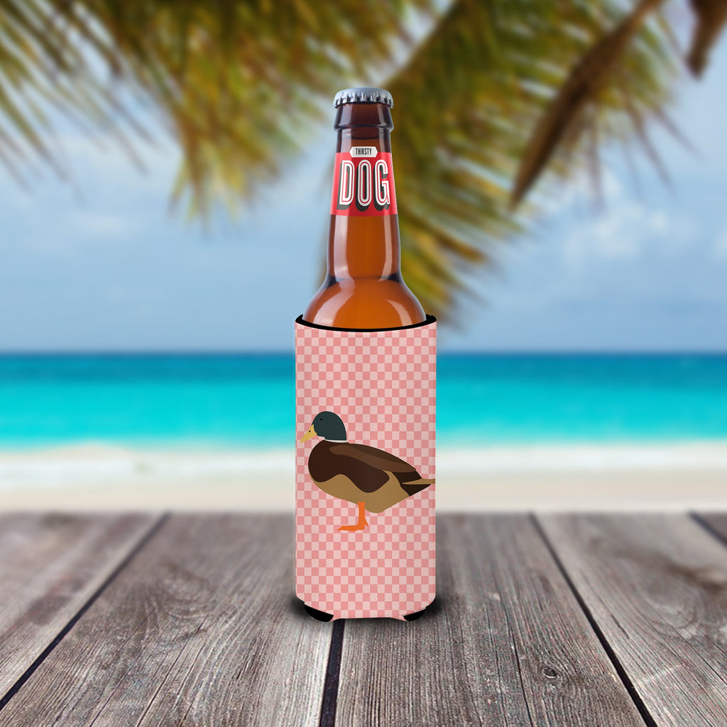 Silver Bantam Duck Pink Check Slim Can Hugger , Insulated Foam Hugger for 12 oz Slim Cans, Beer Bottles & Water Bottles, Printed in USA