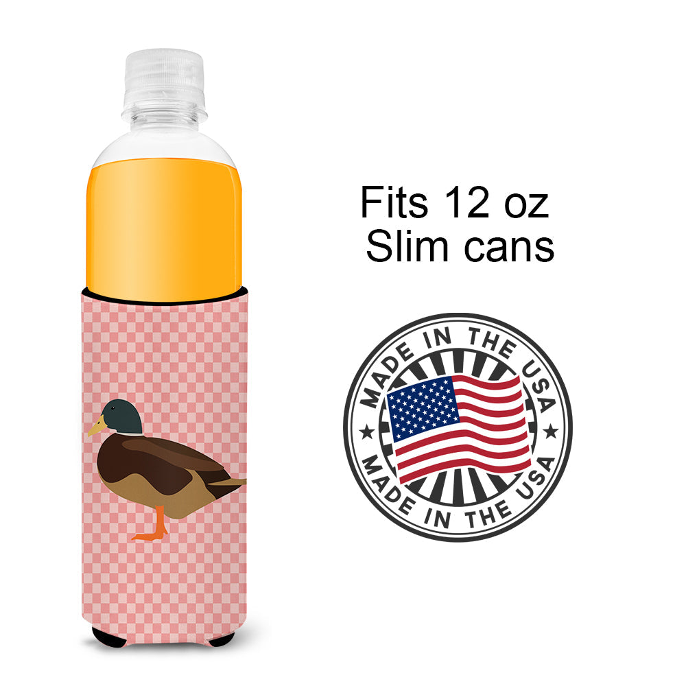 Silver Bantam Duck Pink Check Slim Can Hugger , Insulated Foam Hugger for 12 oz Slim Cans, Beer Bottles & Water Bottles, Printed in USA