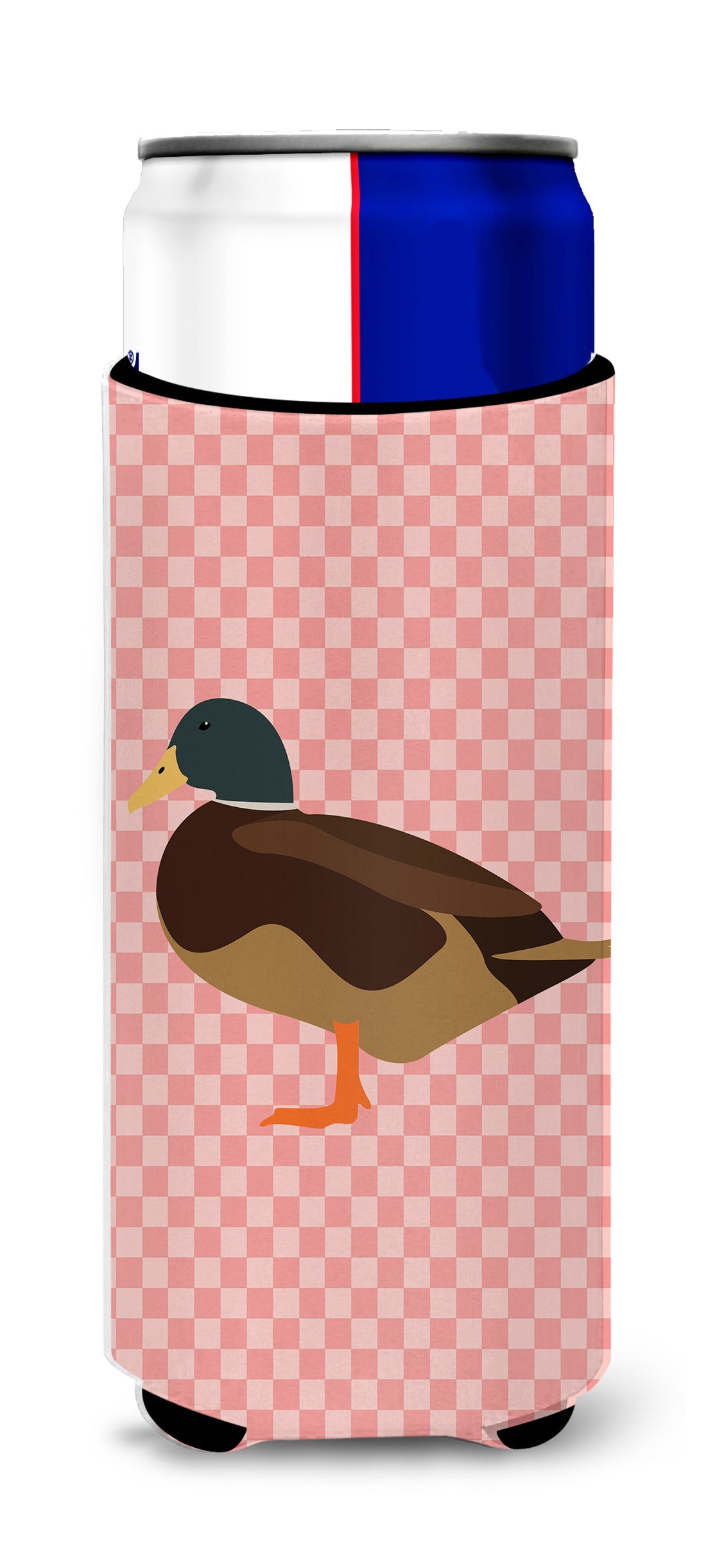 Silver Bantam Duck Pink Check Slim Can Hugger , Insulated Foam Hugger for 12 oz Slim Cans, Beer Bottles & Water Bottles, Printed in USA