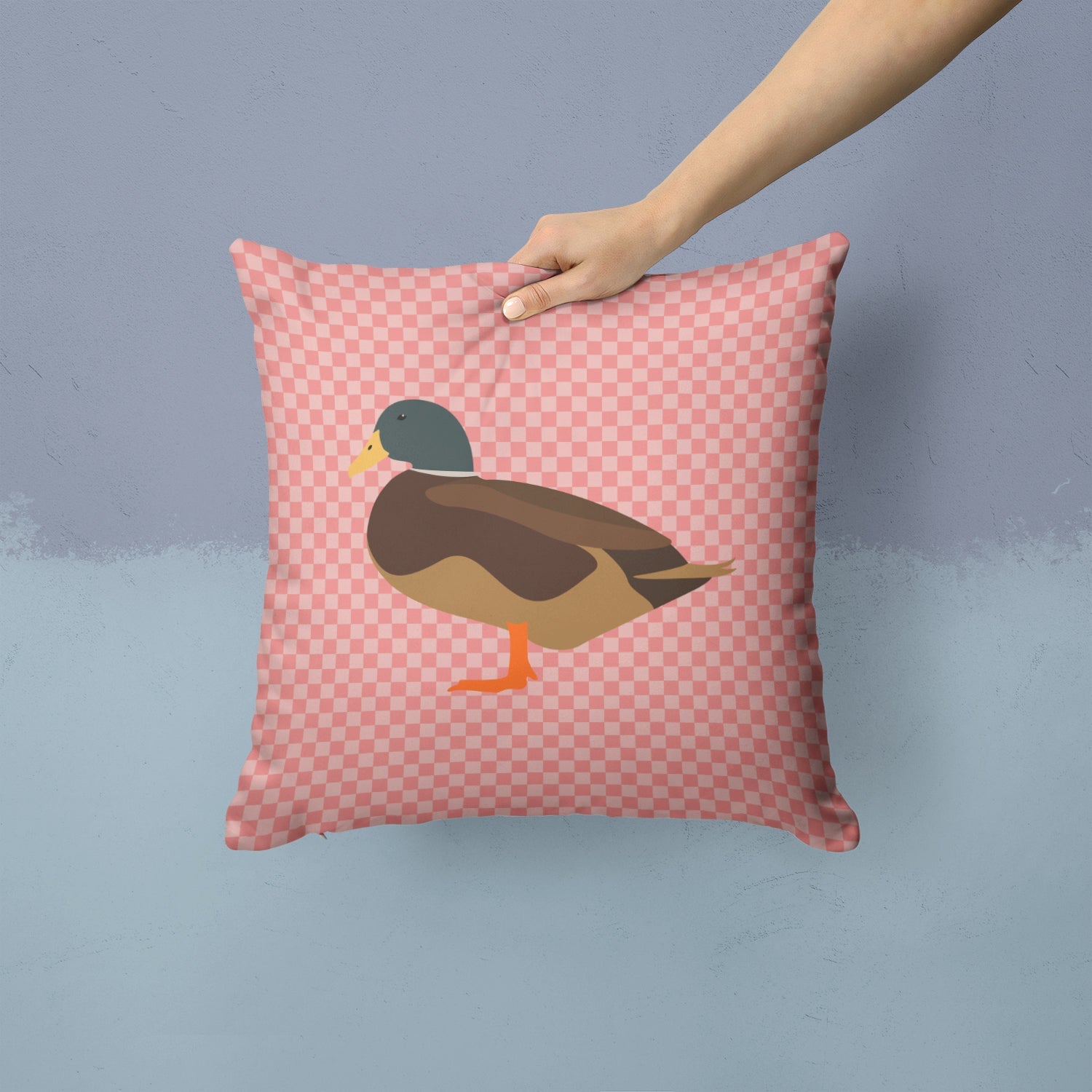 Silver Bantam Duck Pink Check Decorative Throw Pillow 14x14 Indoor Outdoor Accent Cushion, Fabric Cover with Insert for Sofa, Bed, Porch & Living Room