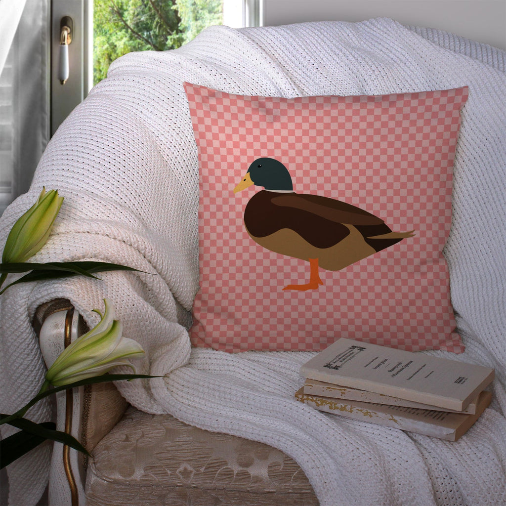 Silver Bantam Duck Pink Check Decorative Throw Pillow 14x14 Indoor Outdoor Accent Cushion, Fabric Cover with Insert for Sofa, Bed, Porch & Living Room