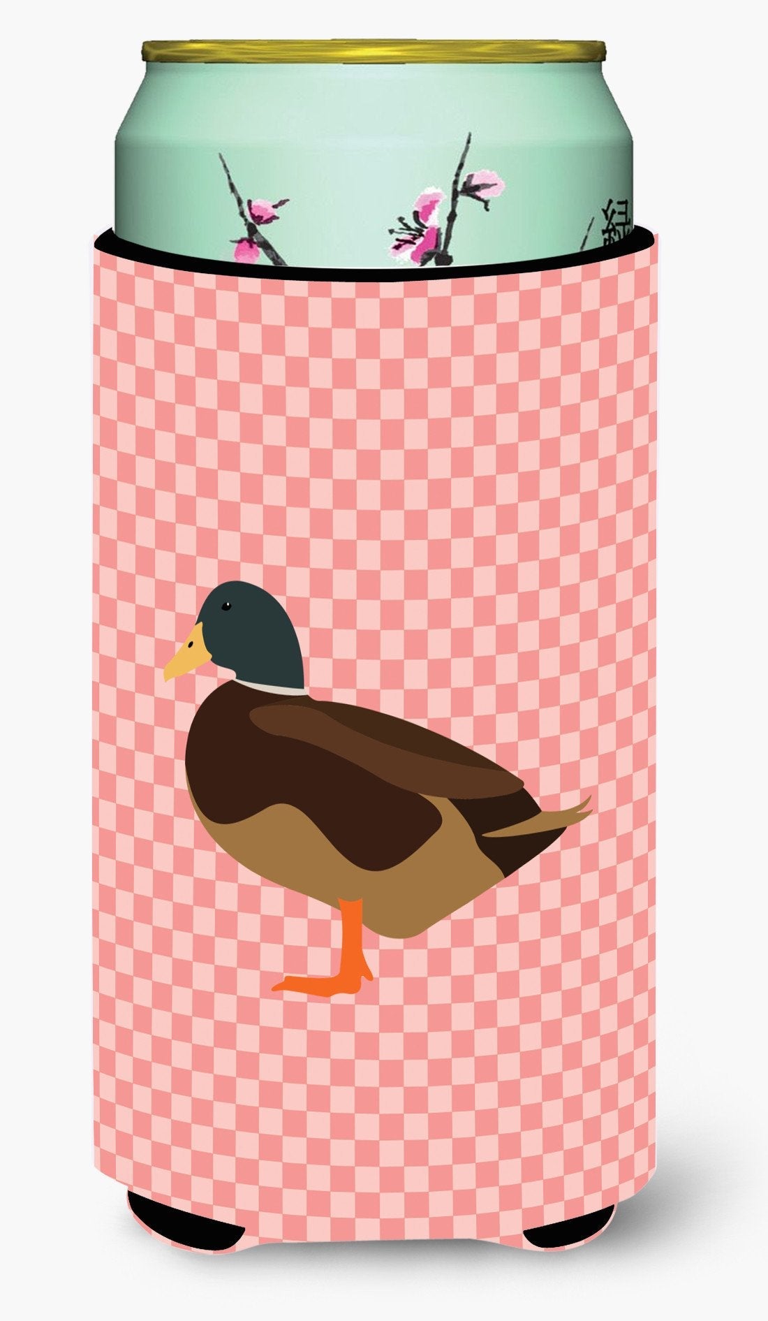 Silver Bantam Duck Pink Check Tall Boy Hugger Can Cooler Sleeve Machine Washable Drink Collapsible Insulator Beverage Insulated Holder