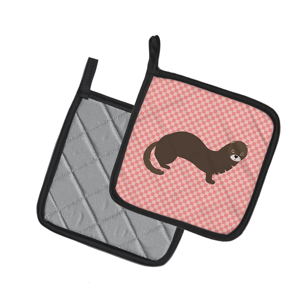 Russian or European Mink Pink Check Pot Holder Set of 2 Heat Resistant Quilted Hot Pads 7.5 x 7.5 Inch, Insulated Kitchen Trivets for Cooking & Baking