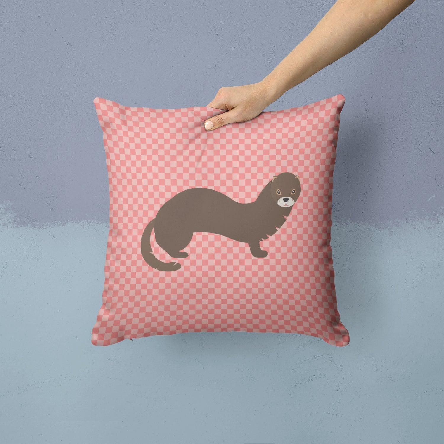 Russian or European Mink Pink Check Decorative Throw Pillow 14x14 Indoor Outdoor Accent Cushion, Fabric Cover with Insert for Sofa, Bed, Porch & Living Room
