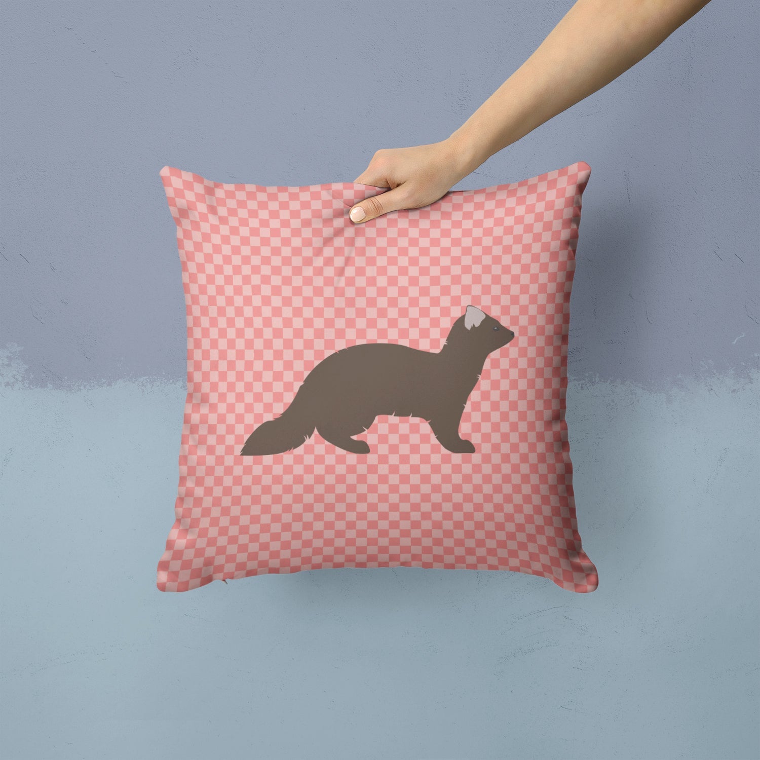 Sable Marten Pink Check Decorative Throw Pillow 14x14 Indoor Outdoor Accent Cushion, Fabric Cover with Insert for Sofa, Bed, Porch & Living Room
