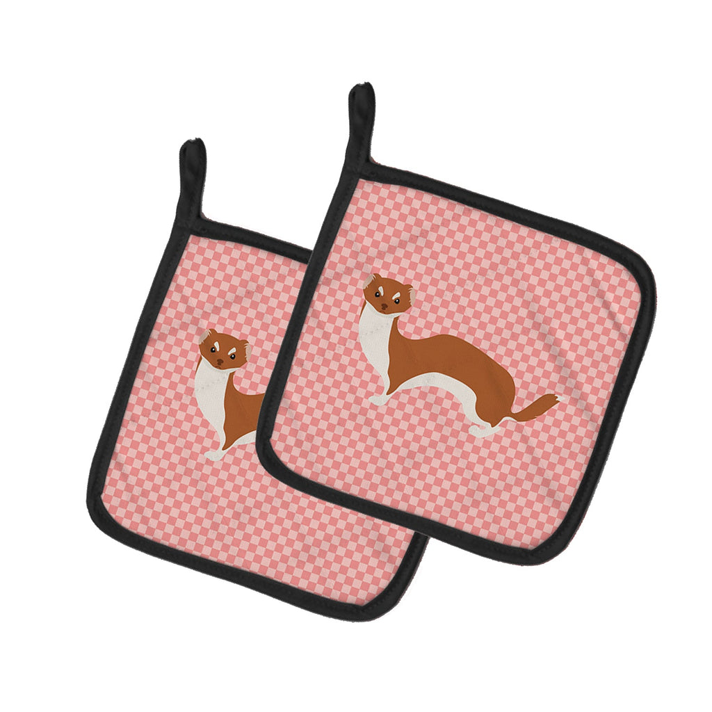 Weasel Pink Check Pot Holder Set of 2 Heat Resistant Quilted Hot Pads 7.5 x 7.5 Inch, Insulated Kitchen Trivets for Cooking & Baking