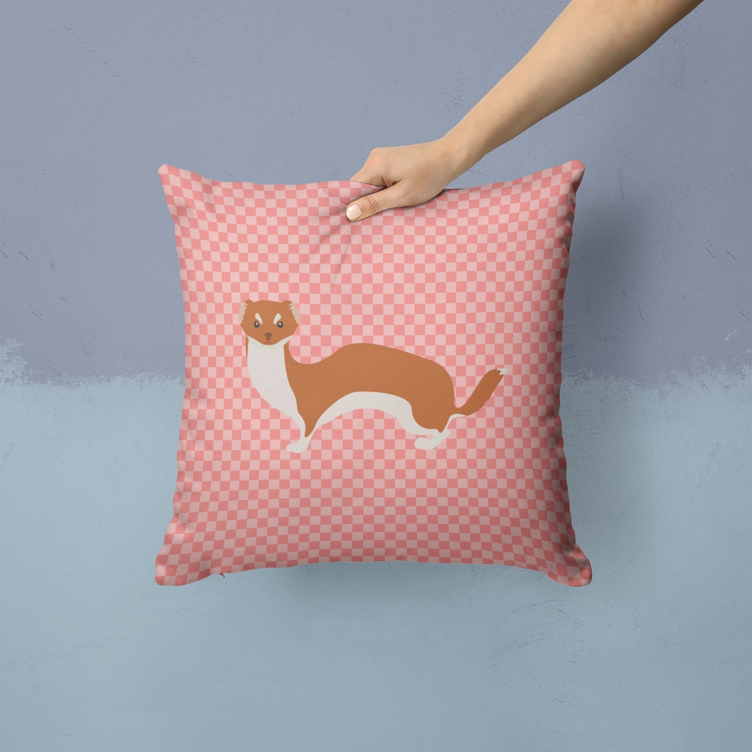 Weasel Pink Check Decorative Throw Pillow 14x14 Indoor Outdoor Accent Cushion, Fabric Cover with Insert for Sofa, Bed, Porch & Living Room