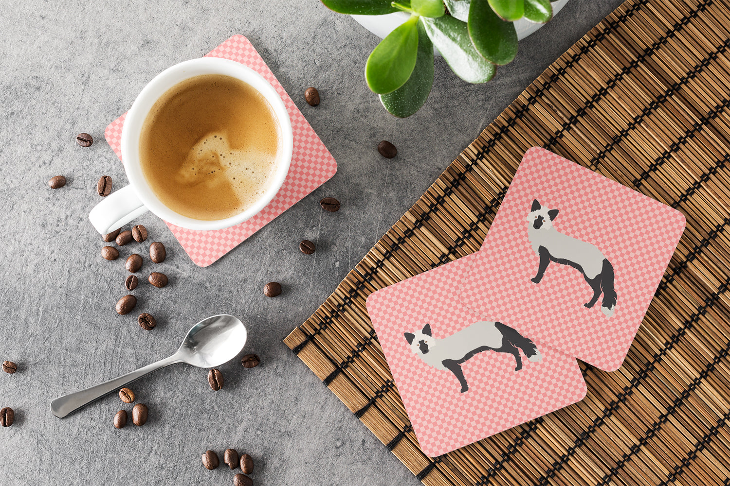 Silver Fox Pink Check Foam Coasters Set of 4 Cup Coasters for Indoor Outdoor, Tabletop Protection, Anti Slip, Mouse pad Material