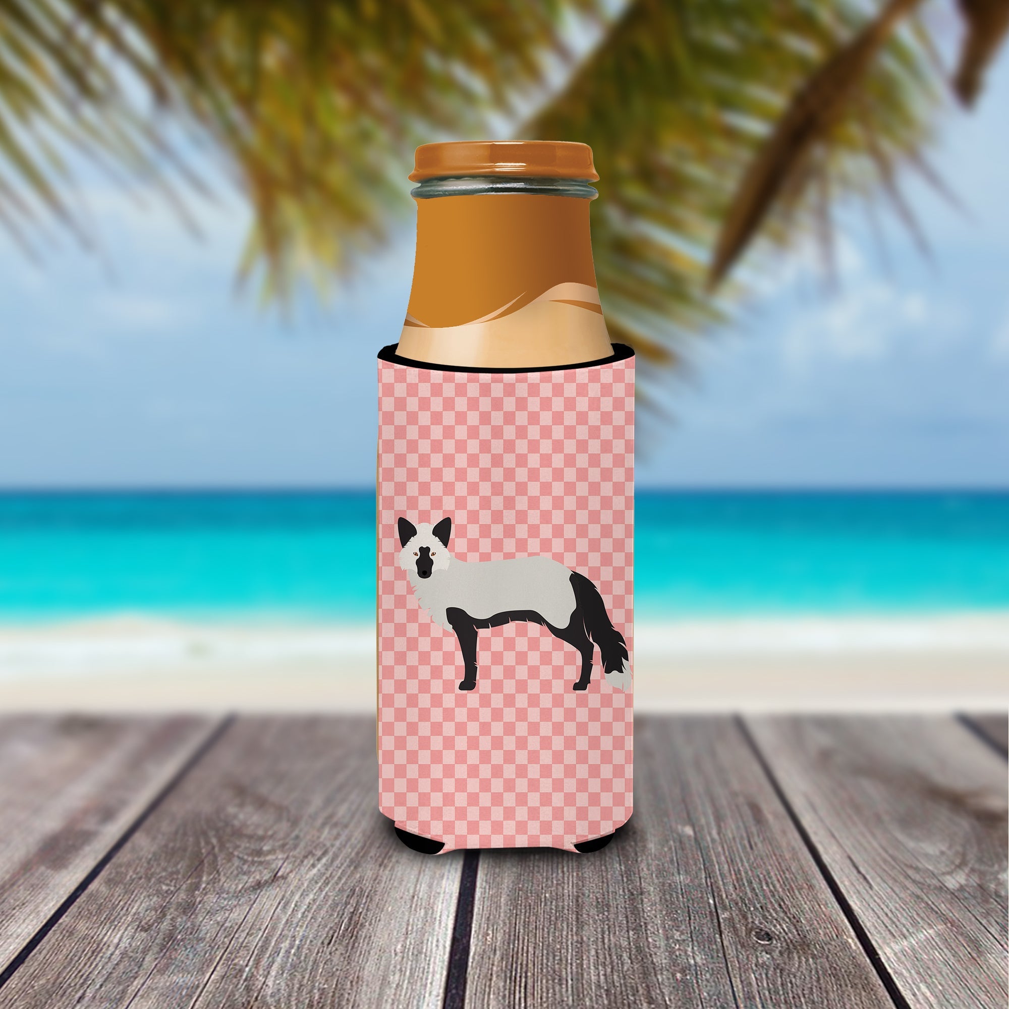 Silver Fox Pink Check Slim Can Hugger , Insulated Foam Hugger for 12 oz Slim Cans, Beer Bottles & Water Bottles, Printed in USA