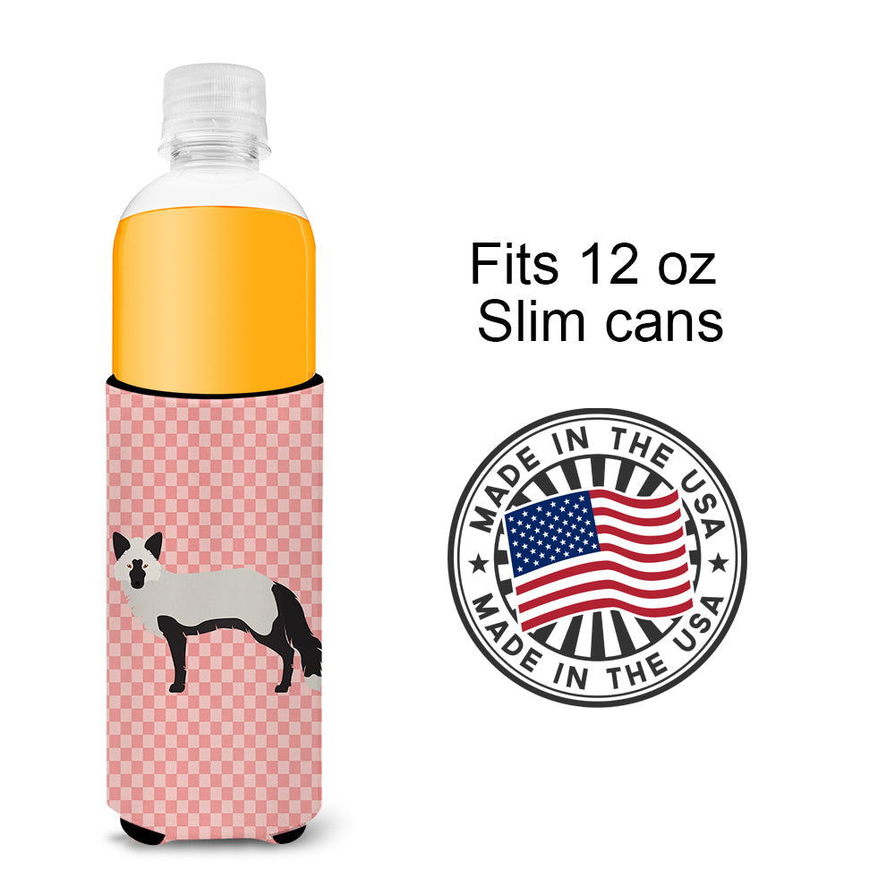 Silver Fox Pink Check Slim Can Hugger , Insulated Foam Hugger for 12 oz Slim Cans, Beer Bottles & Water Bottles, Printed in USA