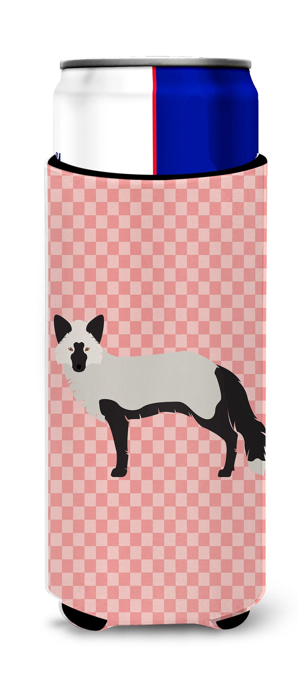 Silver Fox Pink Check Slim Can Hugger , Insulated Foam Hugger for 12 oz Slim Cans, Beer Bottles & Water Bottles, Printed in USA