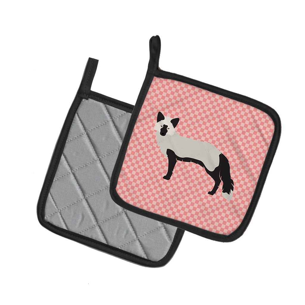 Silver Fox Pink Check Pot Holder Set of 2 Heat Resistant Quilted Hot Pads 7.5 x 7.5 Inch, Insulated Kitchen Trivets for Cooking & Baking