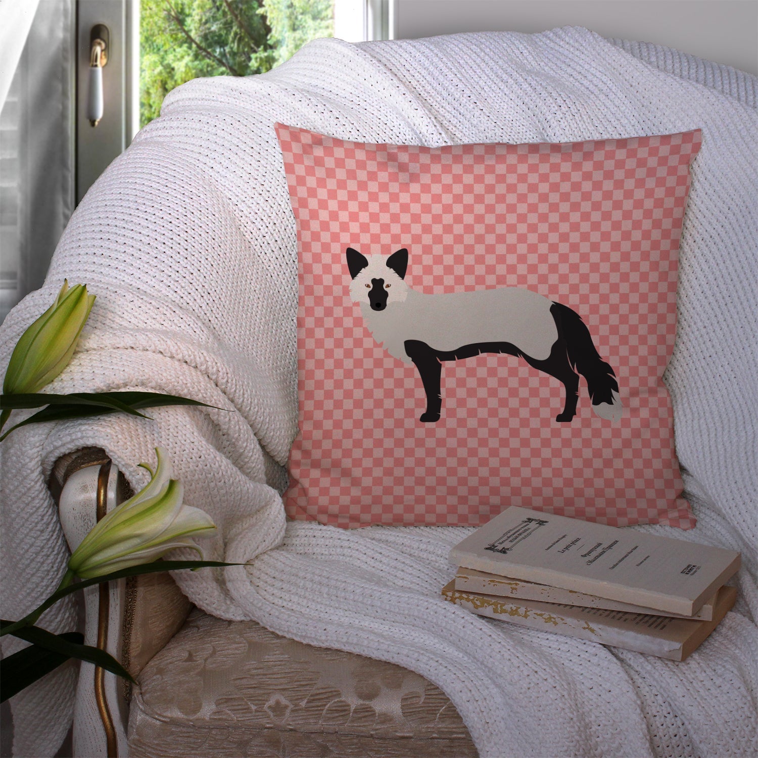 Silver Fox Pink Check Decorative Throw Pillow 14x14 Indoor Outdoor Accent Cushion, Fabric Cover with Insert for Sofa, Bed, Porch & Living Room