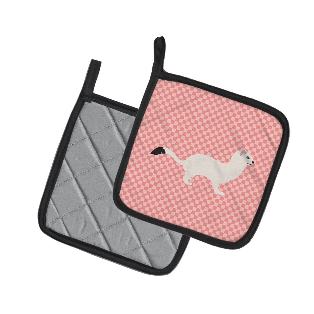 Stoat Short-tailed Weasel Pink Check Pot Holder Set of 2 Heat Resistant Quilted Hot Pads 7.5 x 7.5 Inch, Insulated Kitchen Trivets for Cooking & Baking