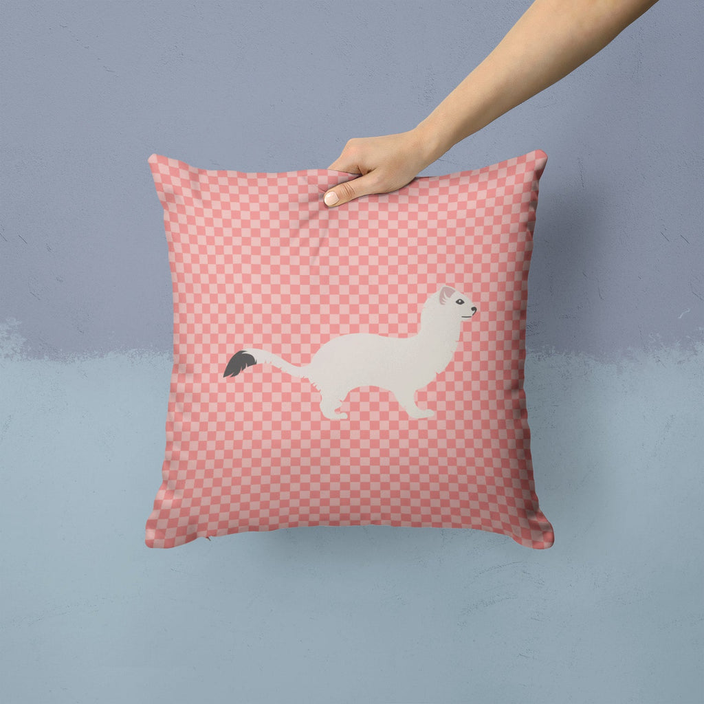Stoat Short-tailed Weasel Pink Check Decorative Throw Pillow 14x14 Indoor Outdoor Accent Cushion, Fabric Cover with Insert for Sofa, Bed, Porch & Living Room
