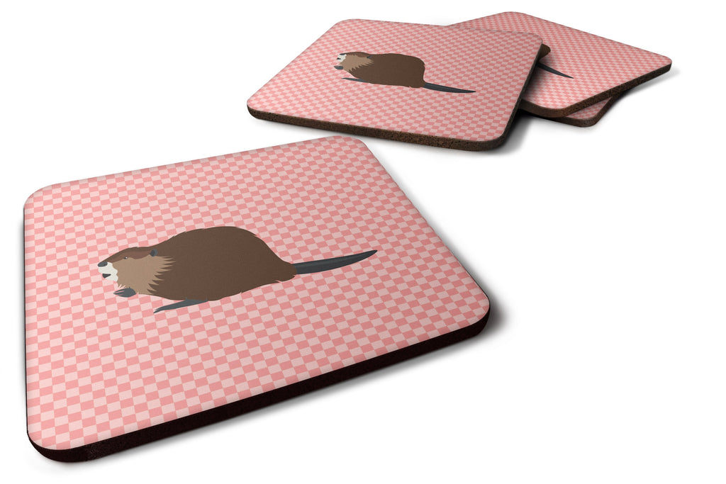 Eurasian Beaver Pink Check Foam Coasters Set of 4 Cup Coasters for Indoor Outdoor, Tabletop Protection, Anti Slip, Mouse pad Material