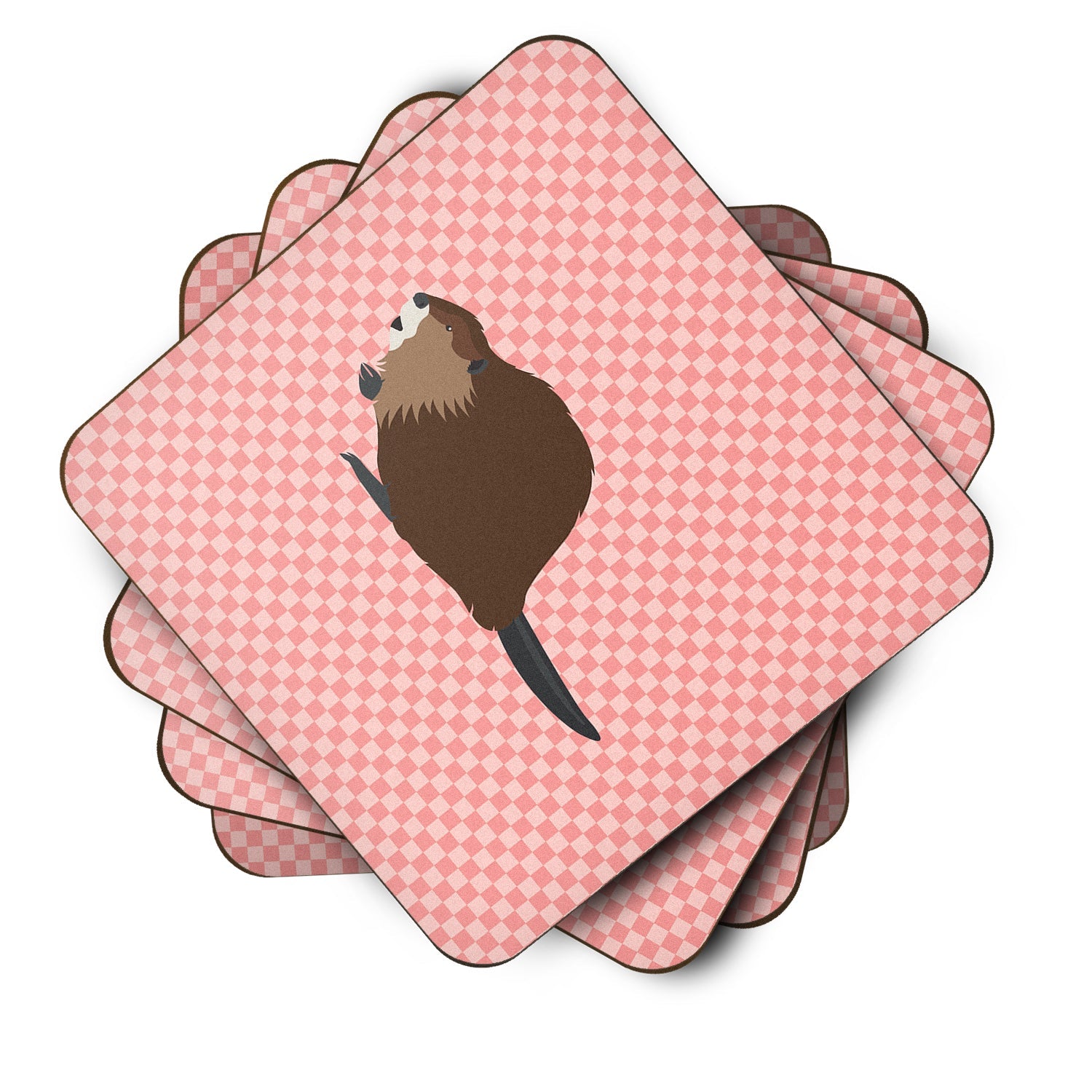 Eurasian Beaver Pink Check Foam Coasters Set of 4 Cup Coasters for Indoor Outdoor, Tabletop Protection, Anti Slip, Mouse pad Material