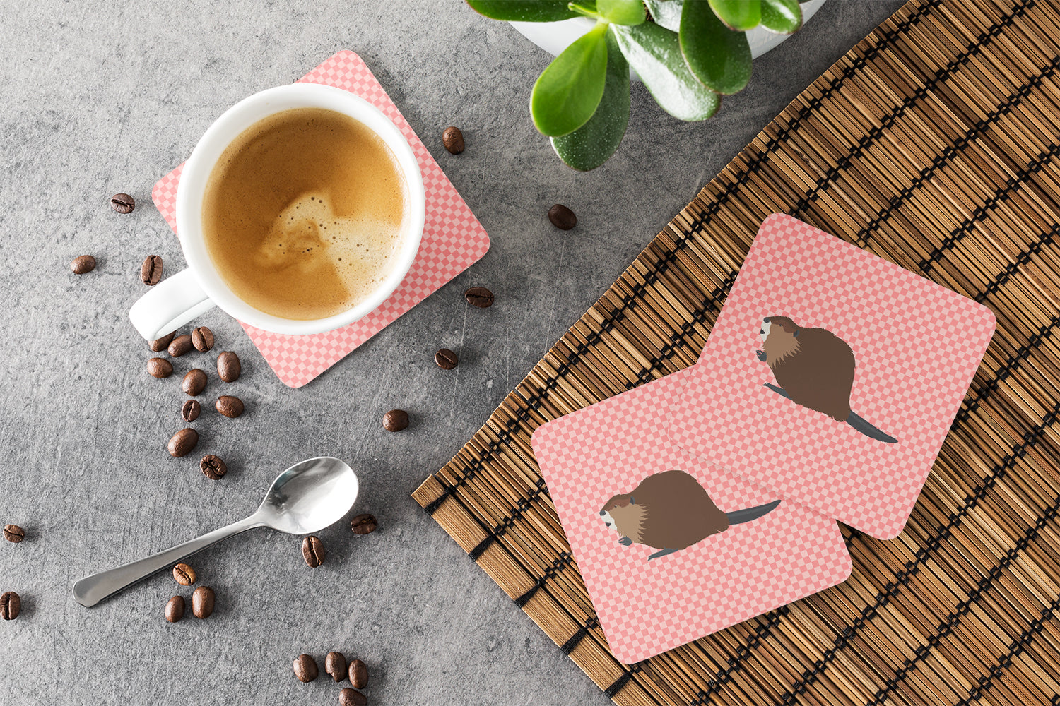 Eurasian Beaver Pink Check Foam Coasters Set of 4 Cup Coasters for Indoor Outdoor, Tabletop Protection, Anti Slip, Mouse pad Material