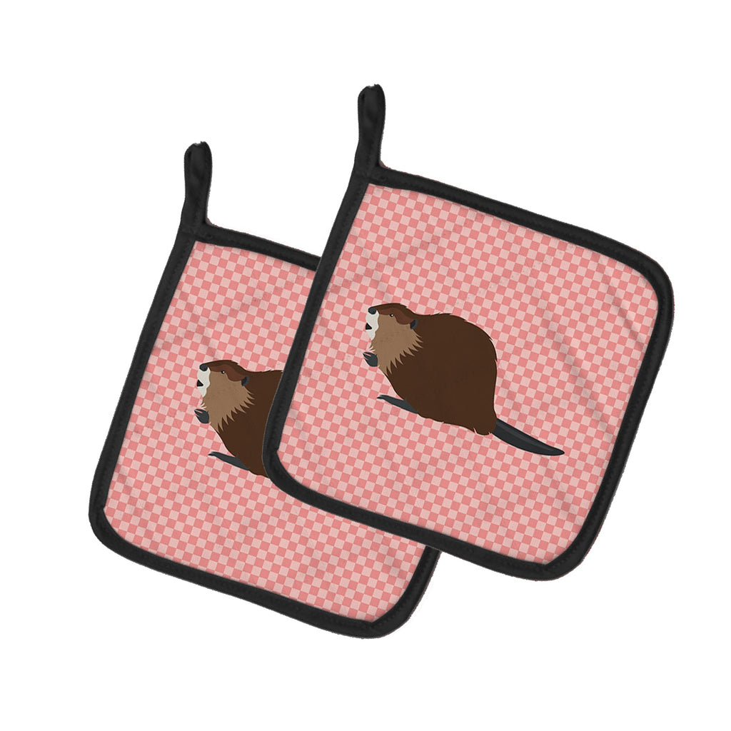 Eurasian Beaver Pink Check Pot Holder Set of 2 Heat Resistant Quilted Hot Pads 7.5 x 7.5 Inch, Insulated Kitchen Trivets for Cooking & Baking