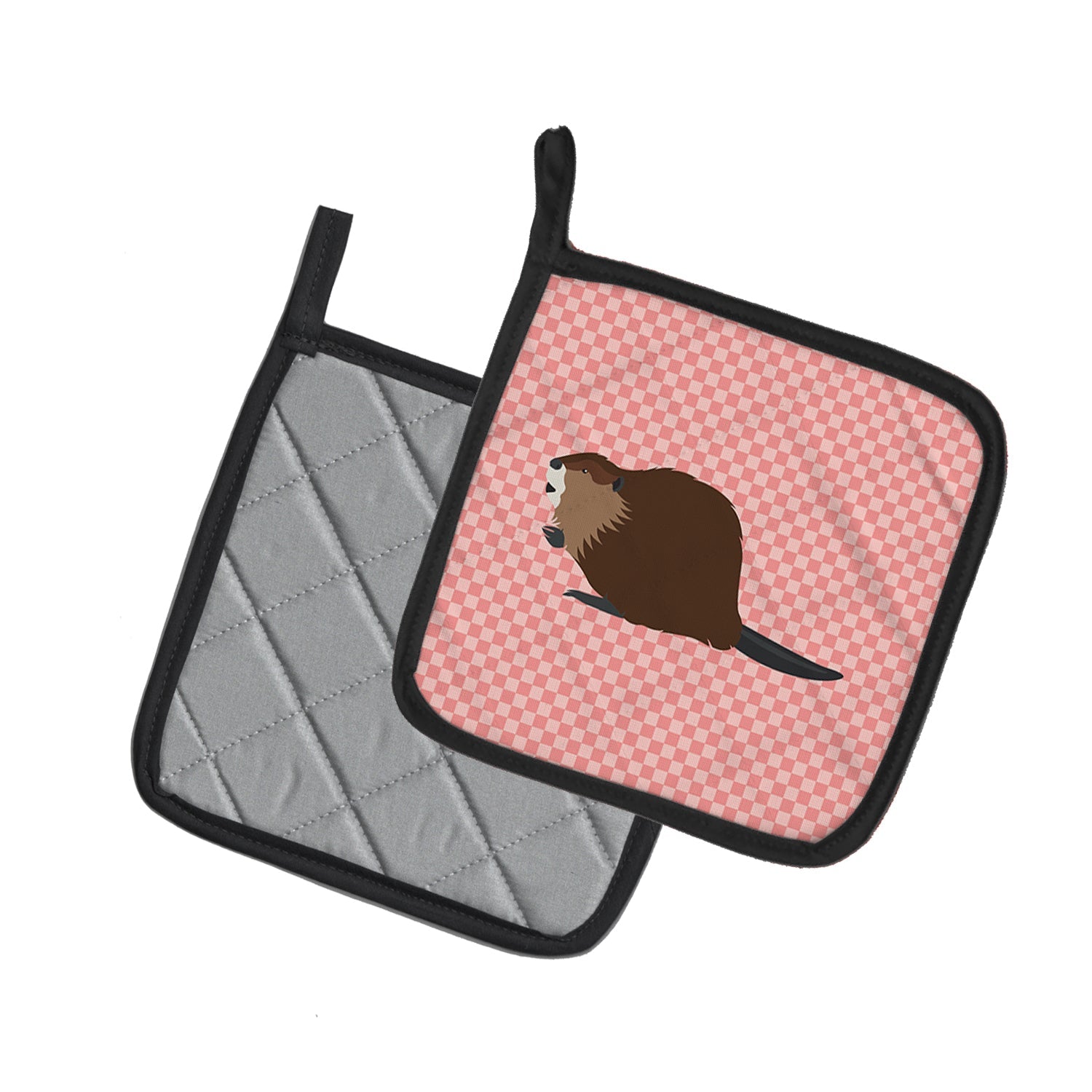 Eurasian Beaver Pink Check Pot Holder Set of 2 Heat Resistant Quilted Hot Pads 7.5 x 7.5 Inch, Insulated Kitchen Trivets for Cooking & Baking