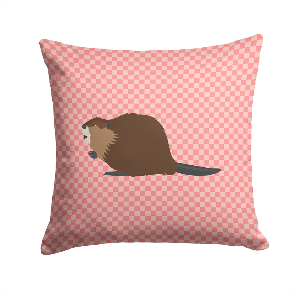 Eurasian Beaver Pink Check Decorative Throw Pillow 14x14 Indoor Outdoor Accent Cushion, Fabric Cover with Insert for Sofa, Bed, Porch & Living Room