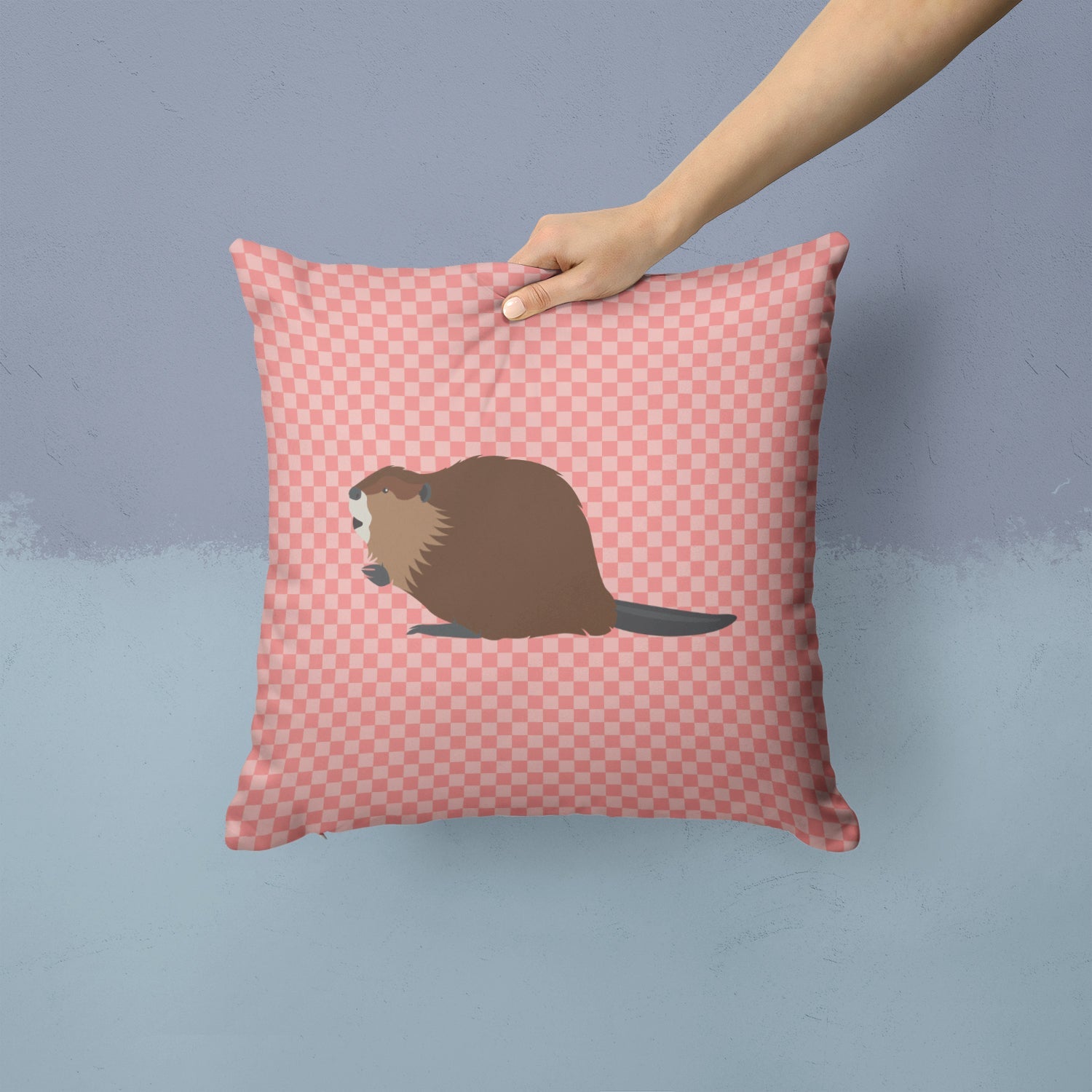 Eurasian Beaver Pink Check Decorative Throw Pillow 14x14 Indoor Outdoor Accent Cushion, Fabric Cover with Insert for Sofa, Bed, Porch & Living Room
