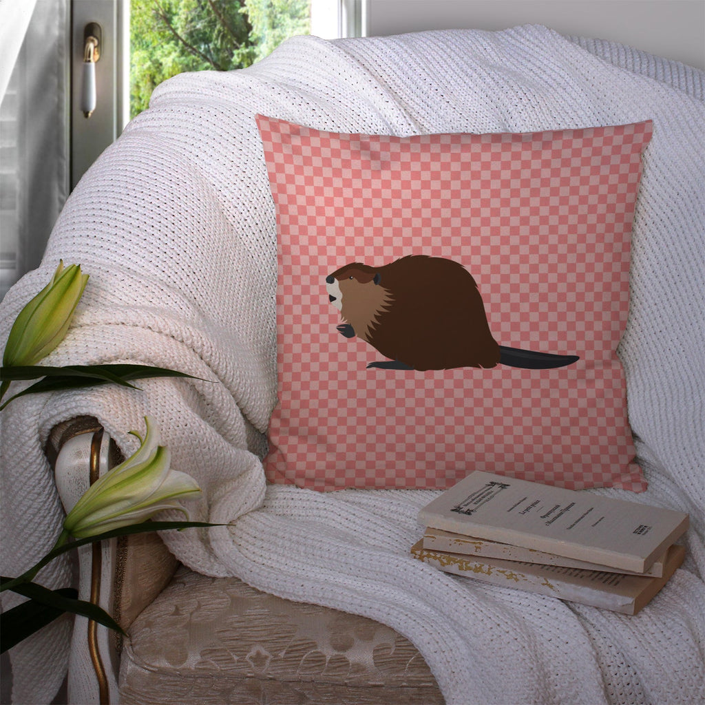 Eurasian Beaver Pink Check Decorative Throw Pillow 14x14 Indoor Outdoor Accent Cushion, Fabric Cover with Insert for Sofa, Bed, Porch & Living Room