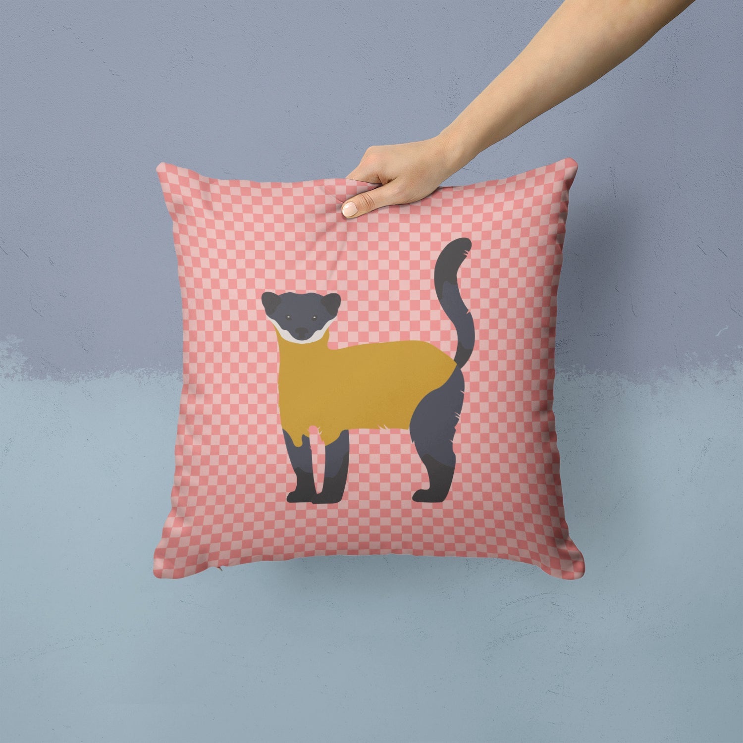 Yellow-Throated Marten Pink Check Decorative Throw Pillow 14x14 Indoor Outdoor Accent Cushion, Fabric Cover with Insert for Sofa, Bed, Porch & Living Room