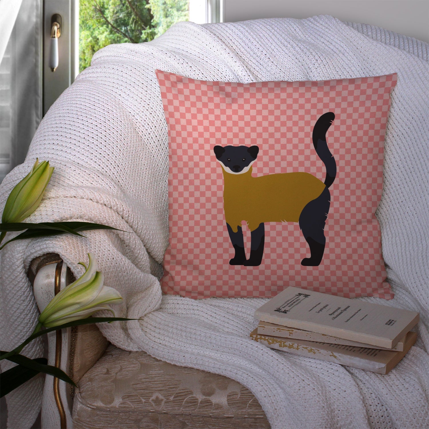 Yellow-Throated Marten Pink Check Decorative Throw Pillow 14x14 Indoor Outdoor Accent Cushion, Fabric Cover with Insert for Sofa, Bed, Porch & Living Room