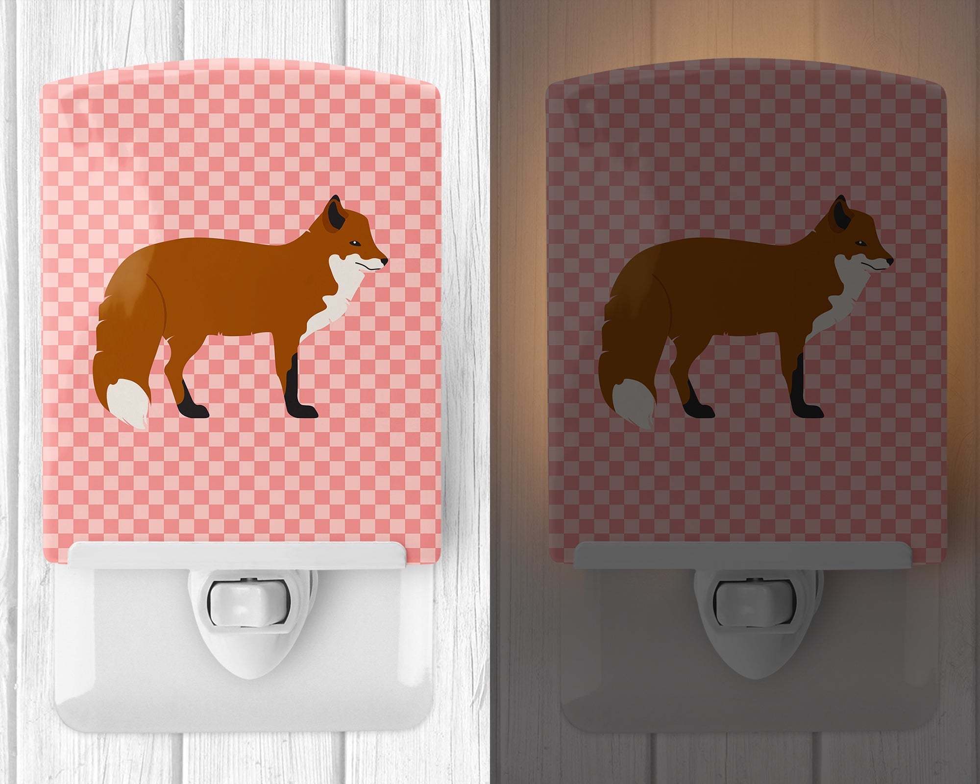 Red Fox Pink Check Ceramic Night Light Compact, UL-Certified, Ideal for Bedroom, Bathroom, Nursery, Hallway, Kitchen, 6x4x3, Multicolor