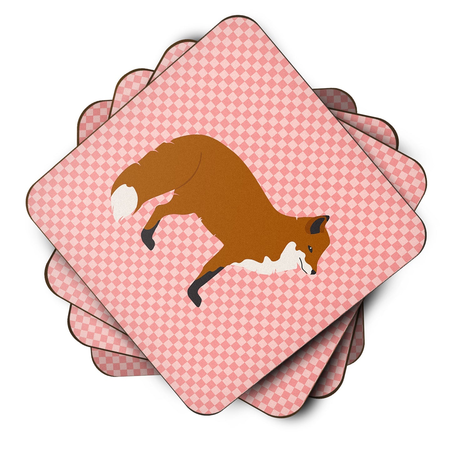 Red Fox Pink Check Foam Coasters Set of 4 Cup Coasters for Indoor Outdoor, Tabletop Protection, Anti Slip, Mouse pad Material